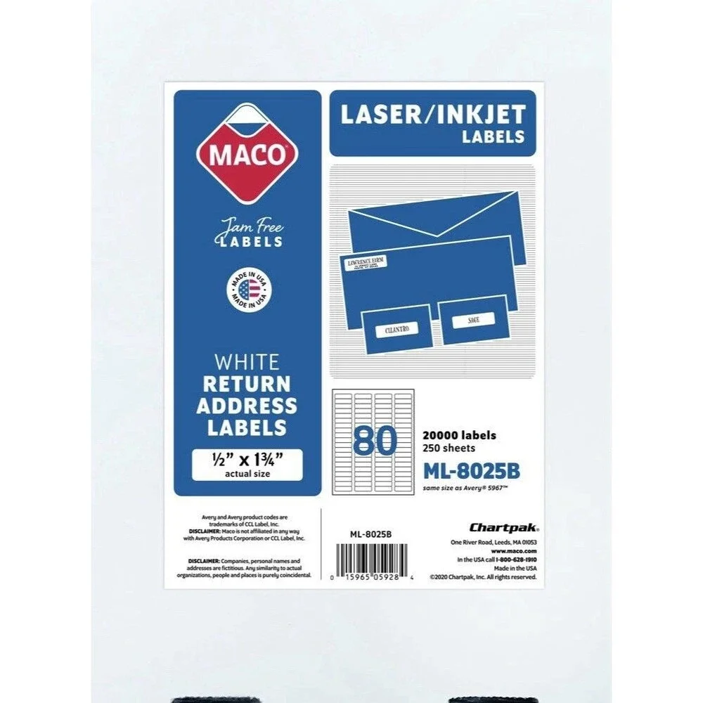 Maco Printable Shipping Labels 1/2 x 1-3/4 Laser Inkjet Address 20000 Labels